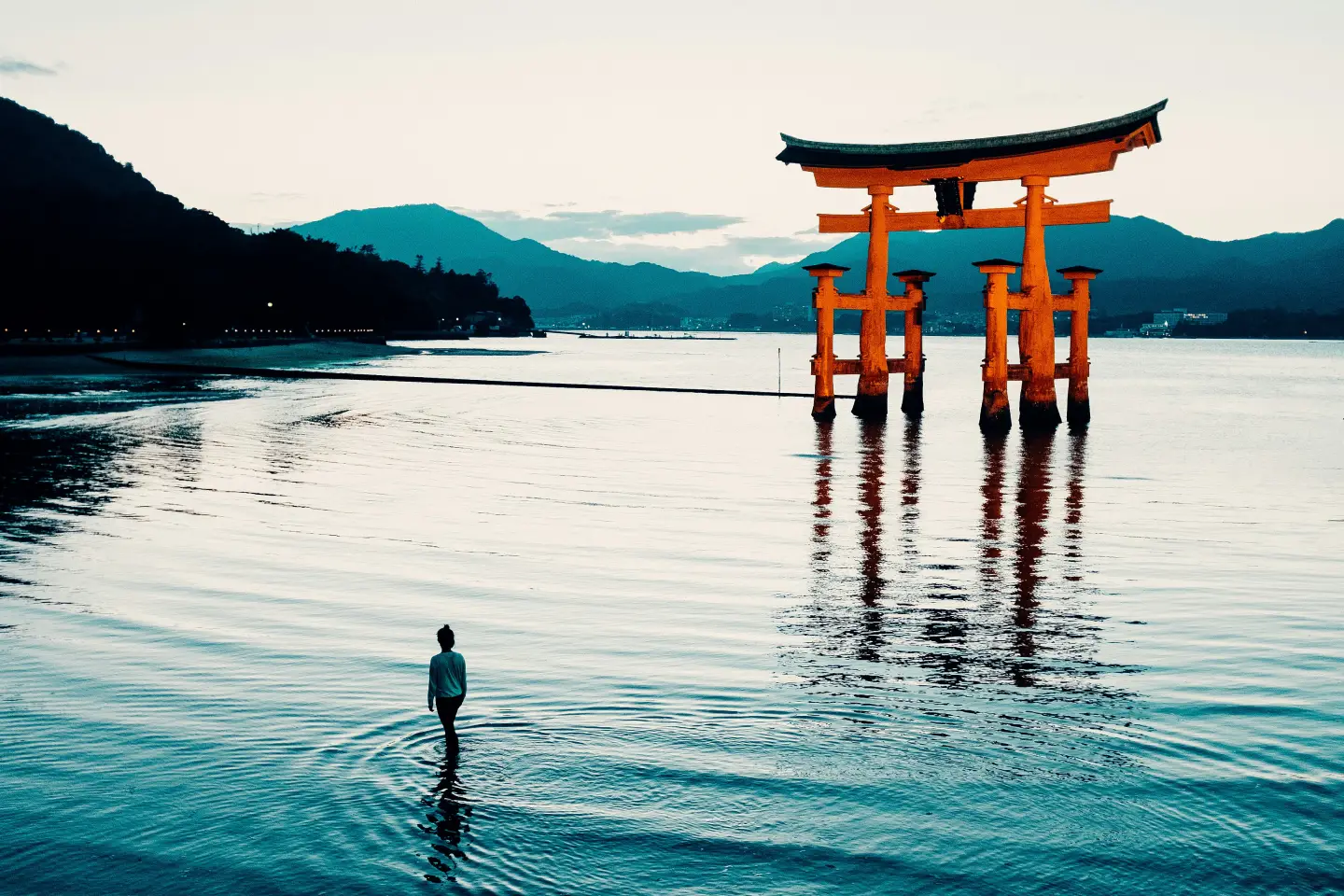 a-person-standing-in-the-water-in-front-of-a-floating-tori-tori