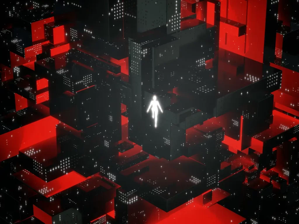 a-person-walking-through-a-maze-of-red-and-black-cubes