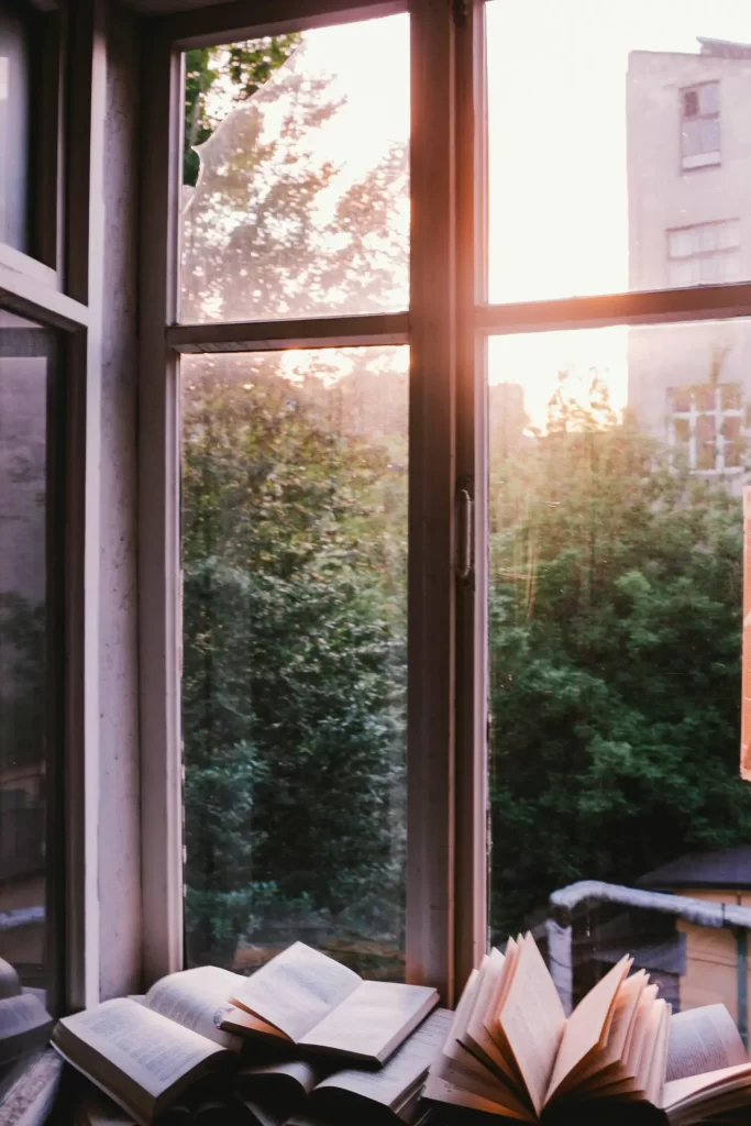 books-beside-window-during-sunset